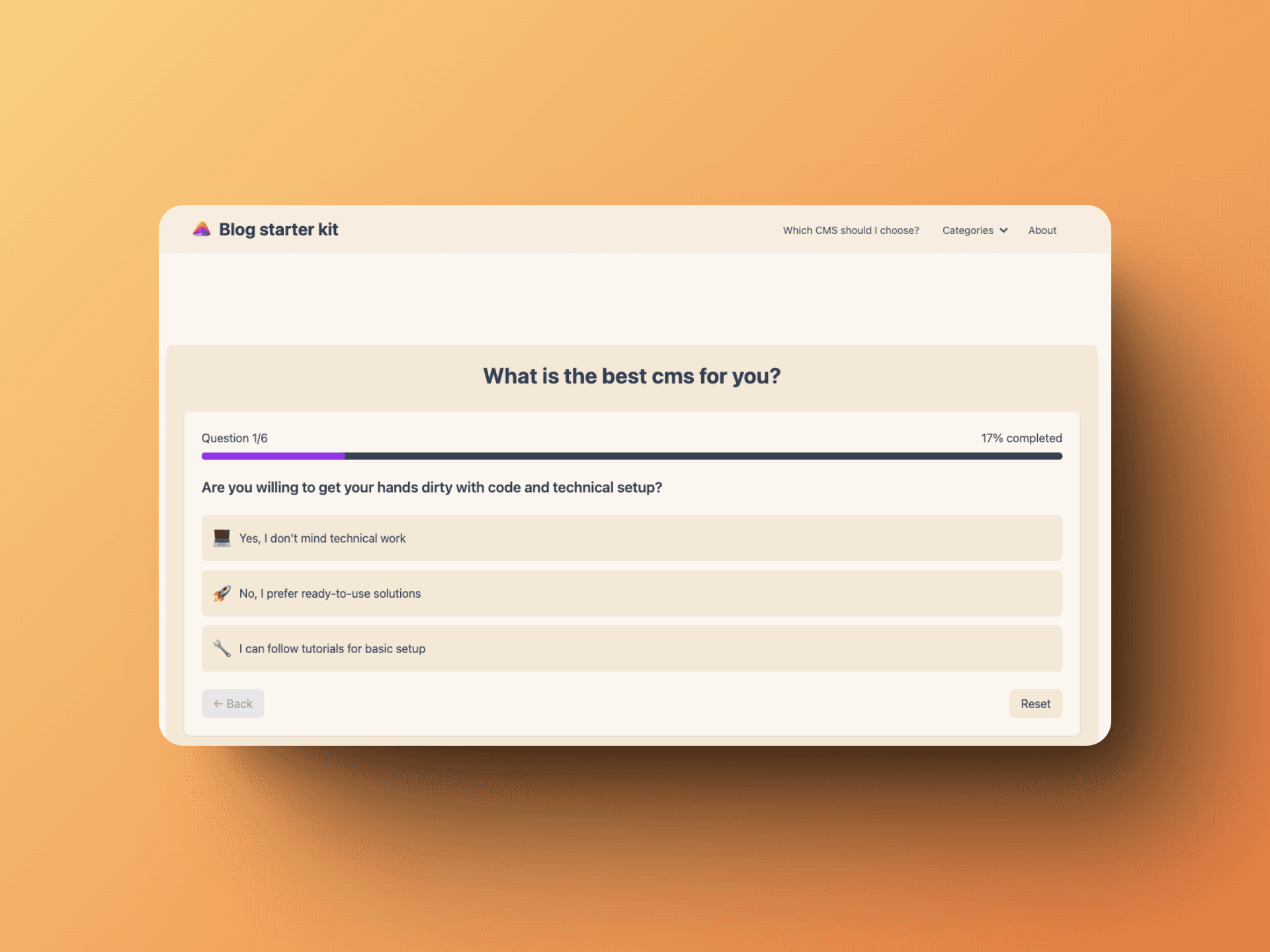 Interactive quiz to help users find the perfect CMS for their needs