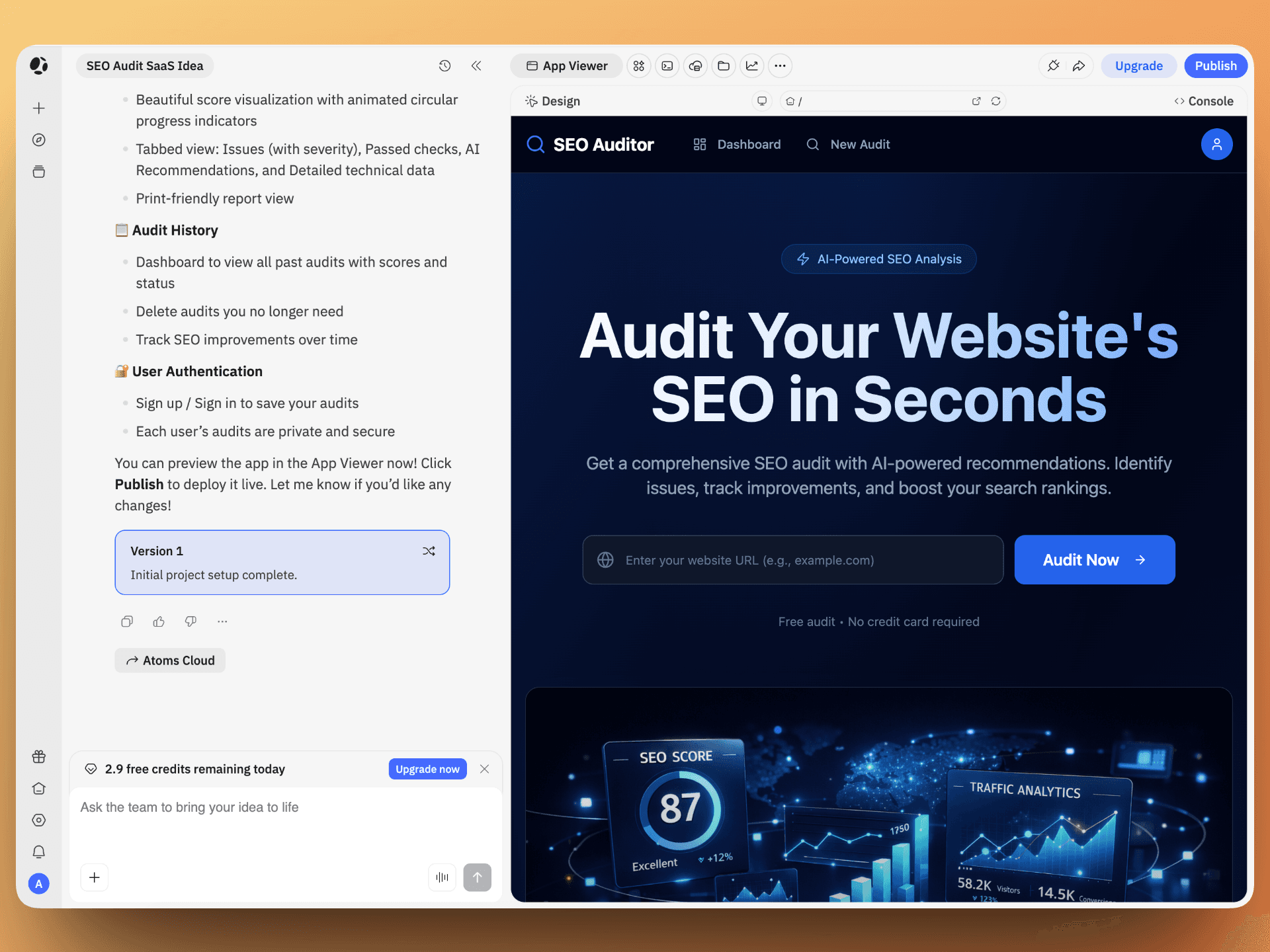A live Atoms project shows the multi-agent workflow in action, with step-by-step execution, file operations, and a structured pipeline instead of a single prompt box.