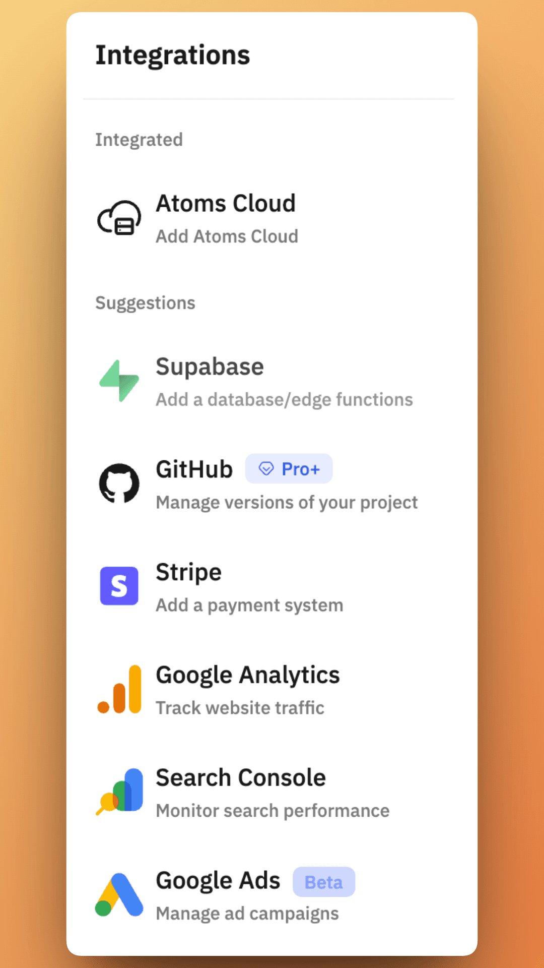 The in-app integrations menu makes the full-stack story more concrete, with Atoms Cloud, Supabase, GitHub, Stripe, Analytics, Search Console, and Ads-linked tooling.