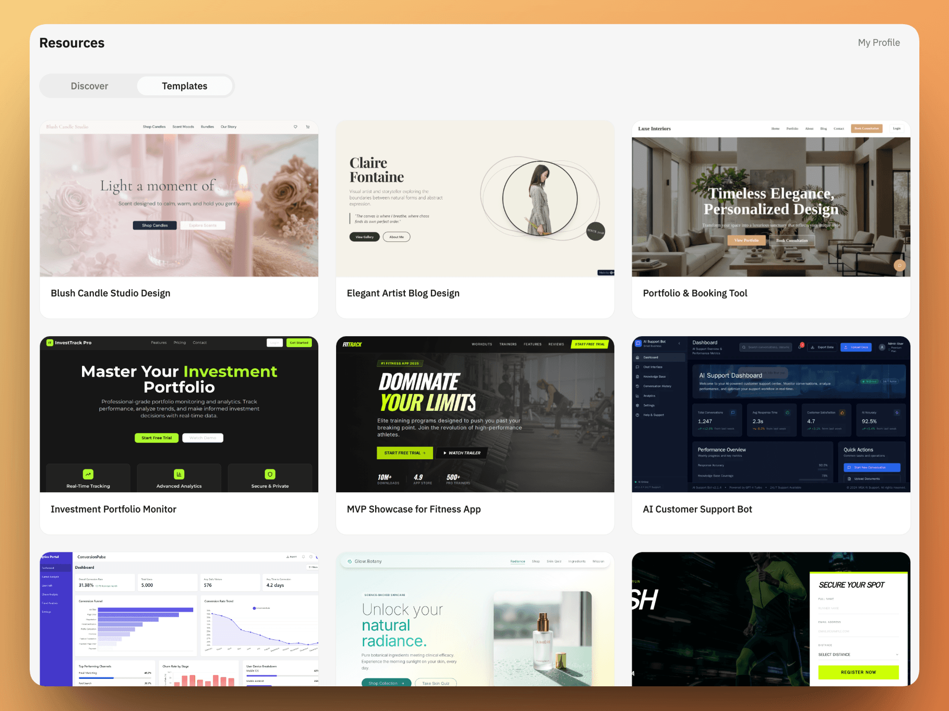 The logged-in template gallery is much more specific than the homepage pitch, with concrete starters you can browse and reuse immediately.