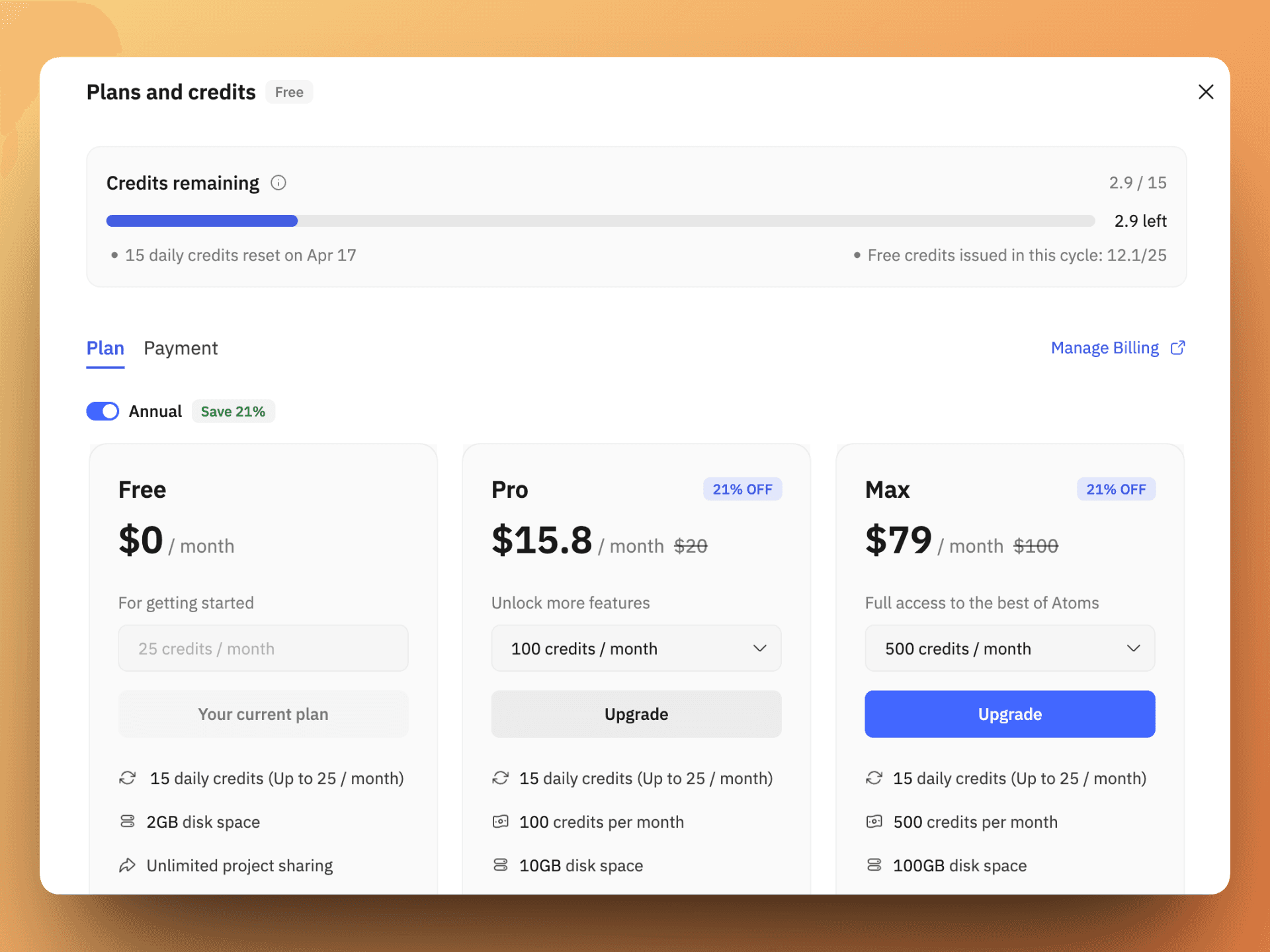 Atoms exposes plans and credits directly inside the app, including remaining usage, annual billing, and the Free / Pro / Max upgrade path.