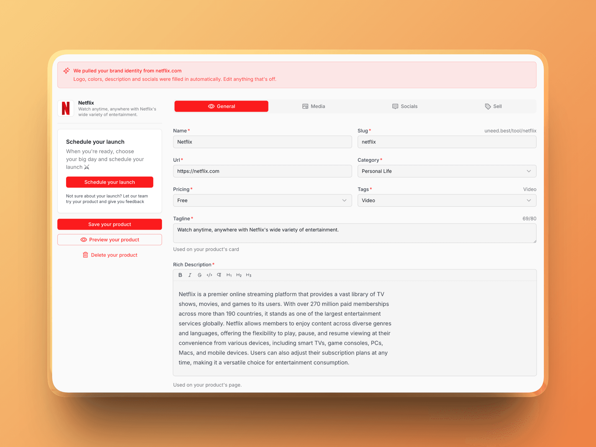 Uneed new product form with Context.dev - Netflix