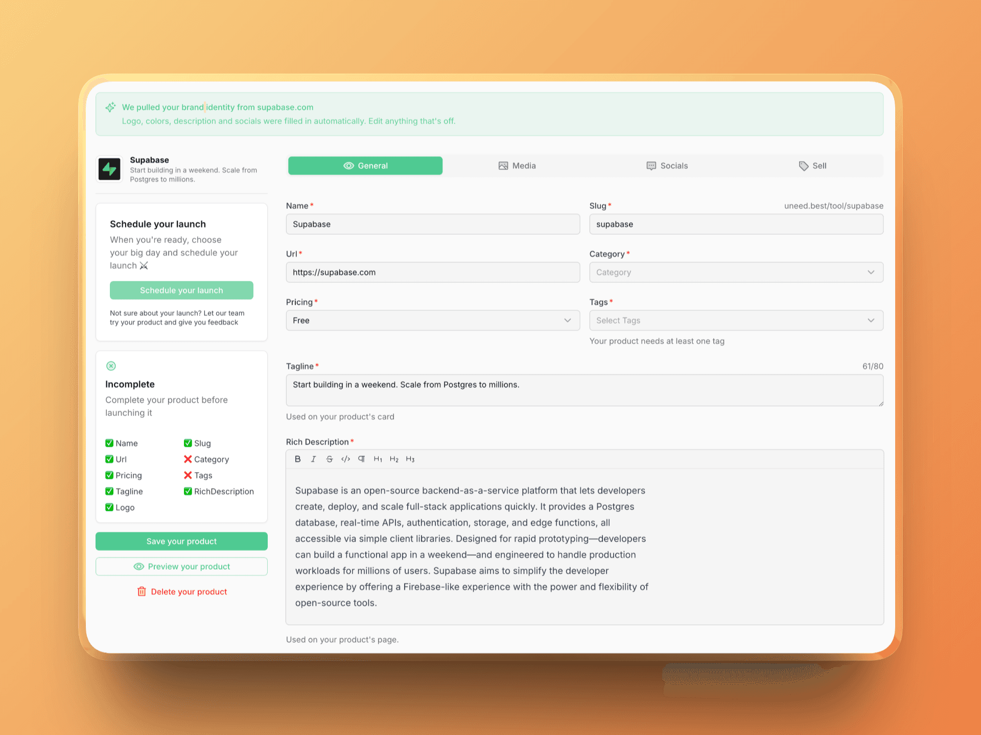 Uneed new product form with Context.dev - Supabase
