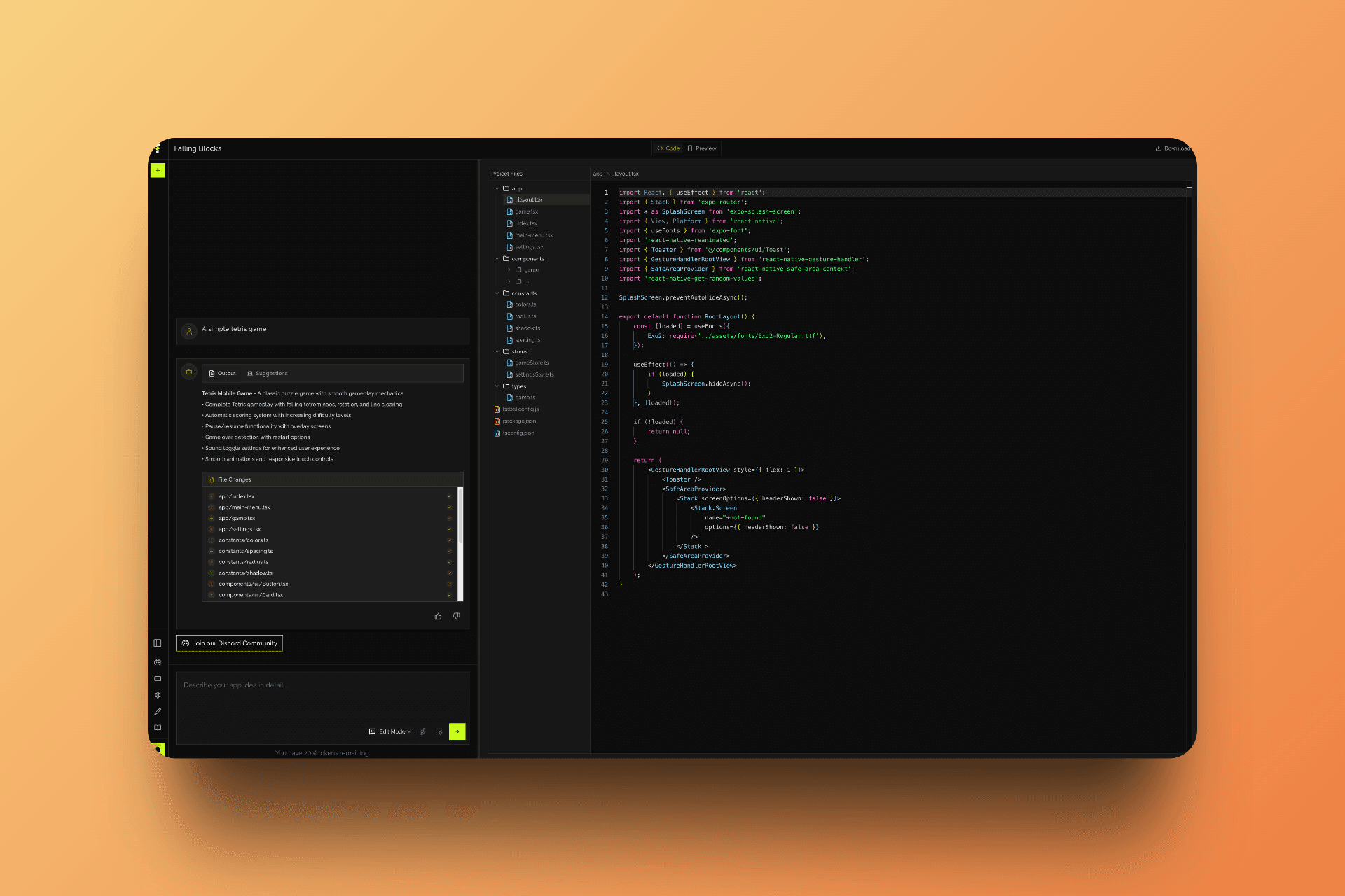 FlexApp's development environment with the generated Tetris game
