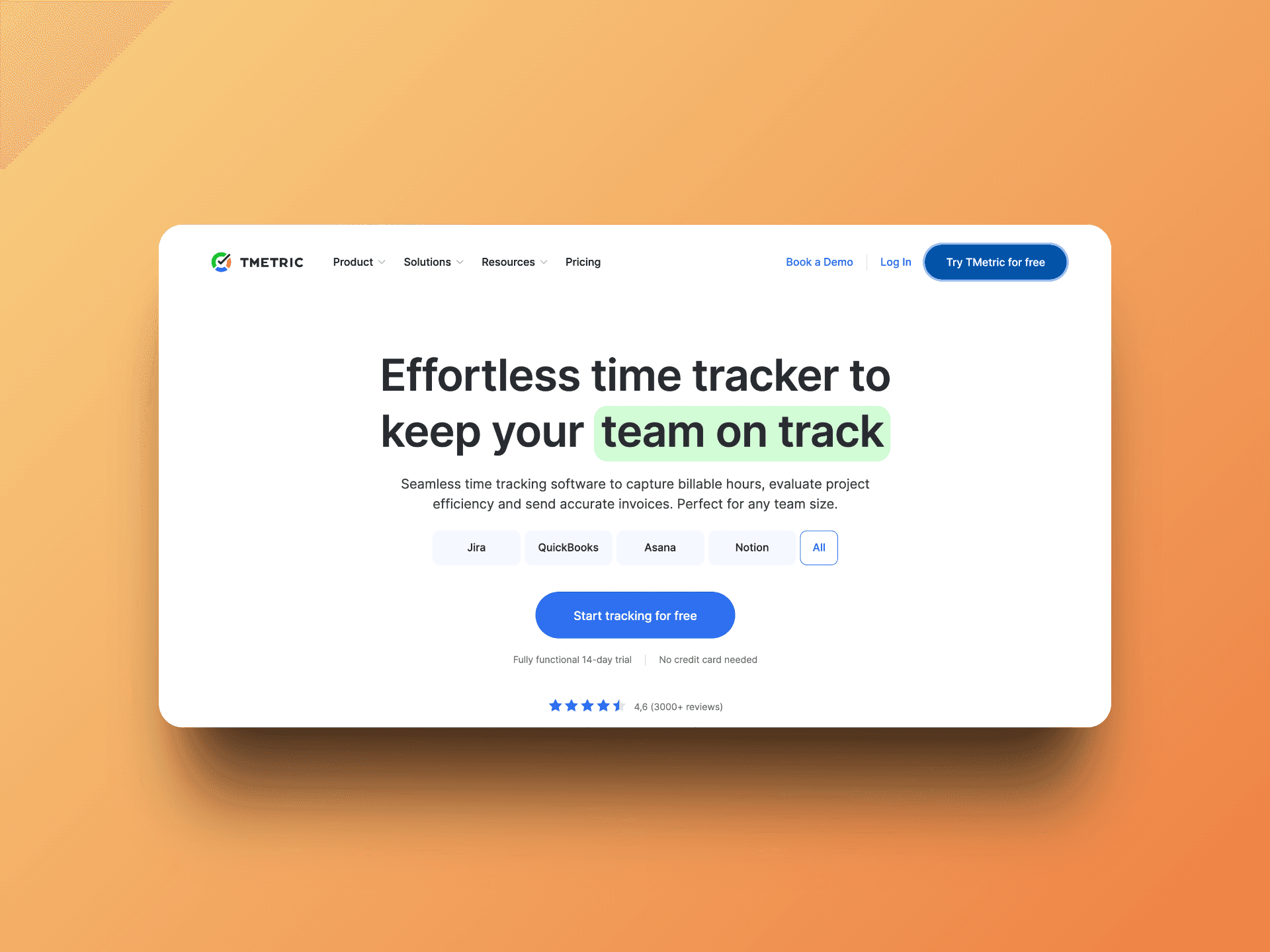 TMetric's clean homepage promising effortless time tracking