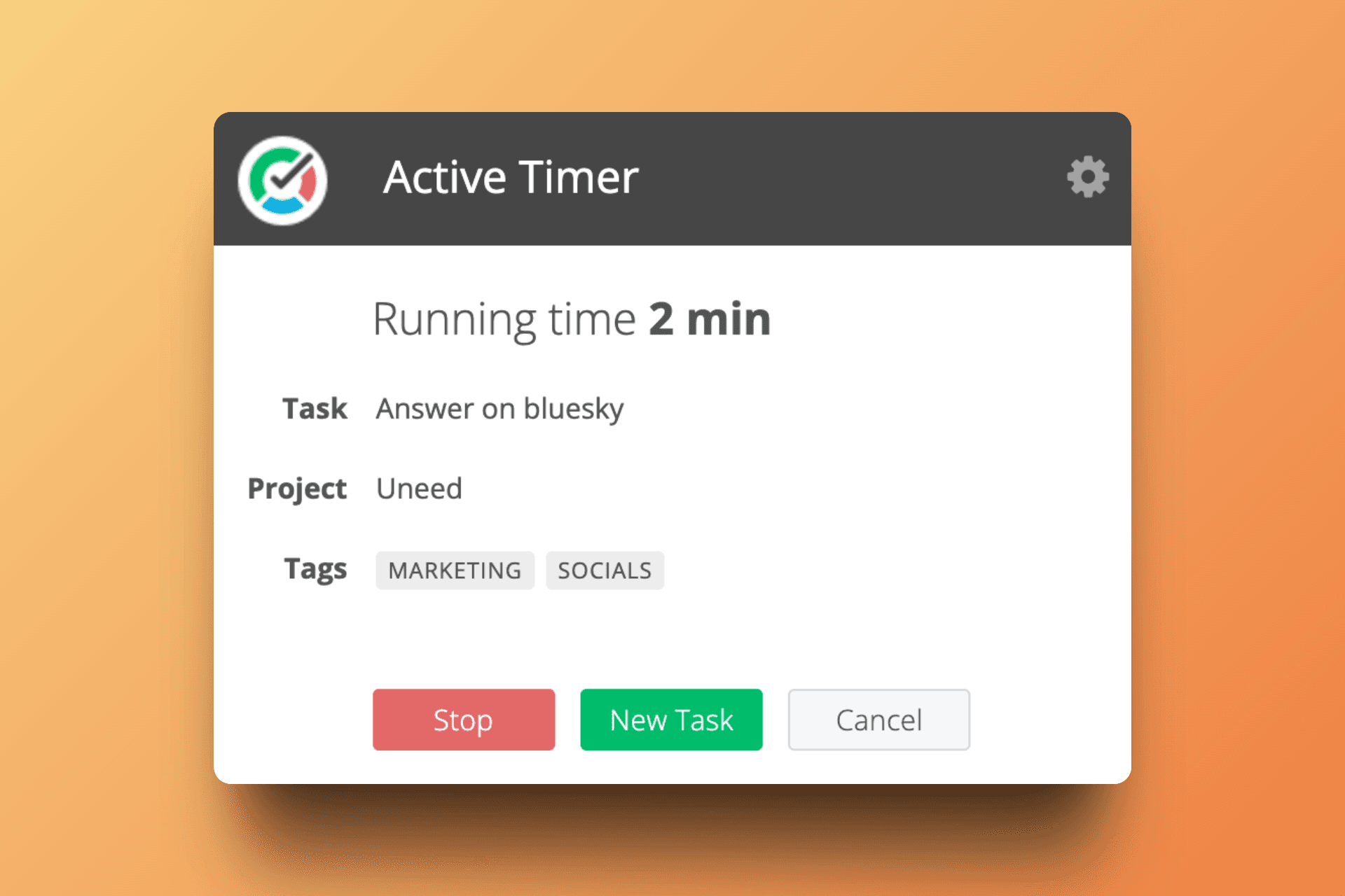 Browser extension popup showing active timer