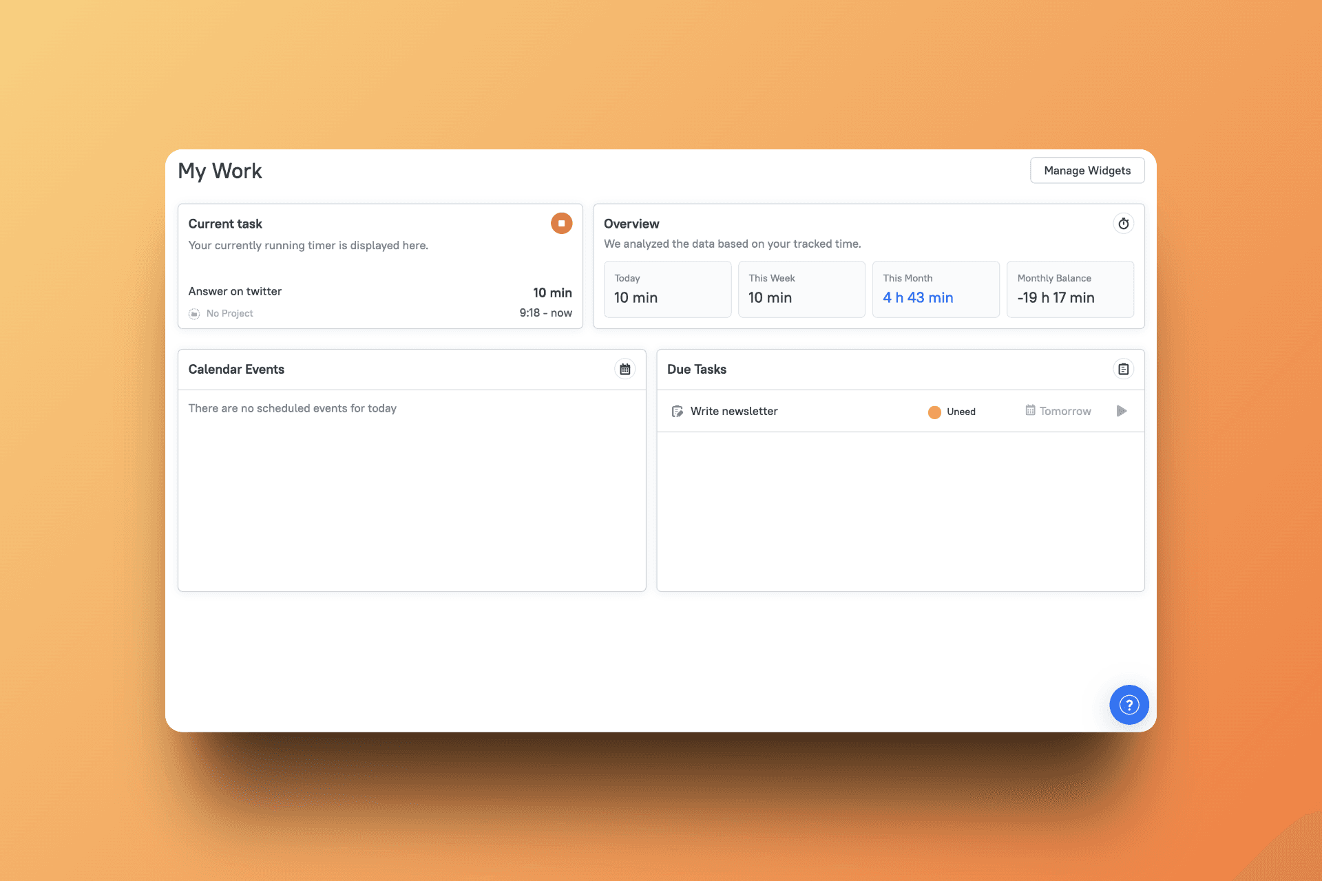 Personal dashboard showing current tasks and productivity overview
